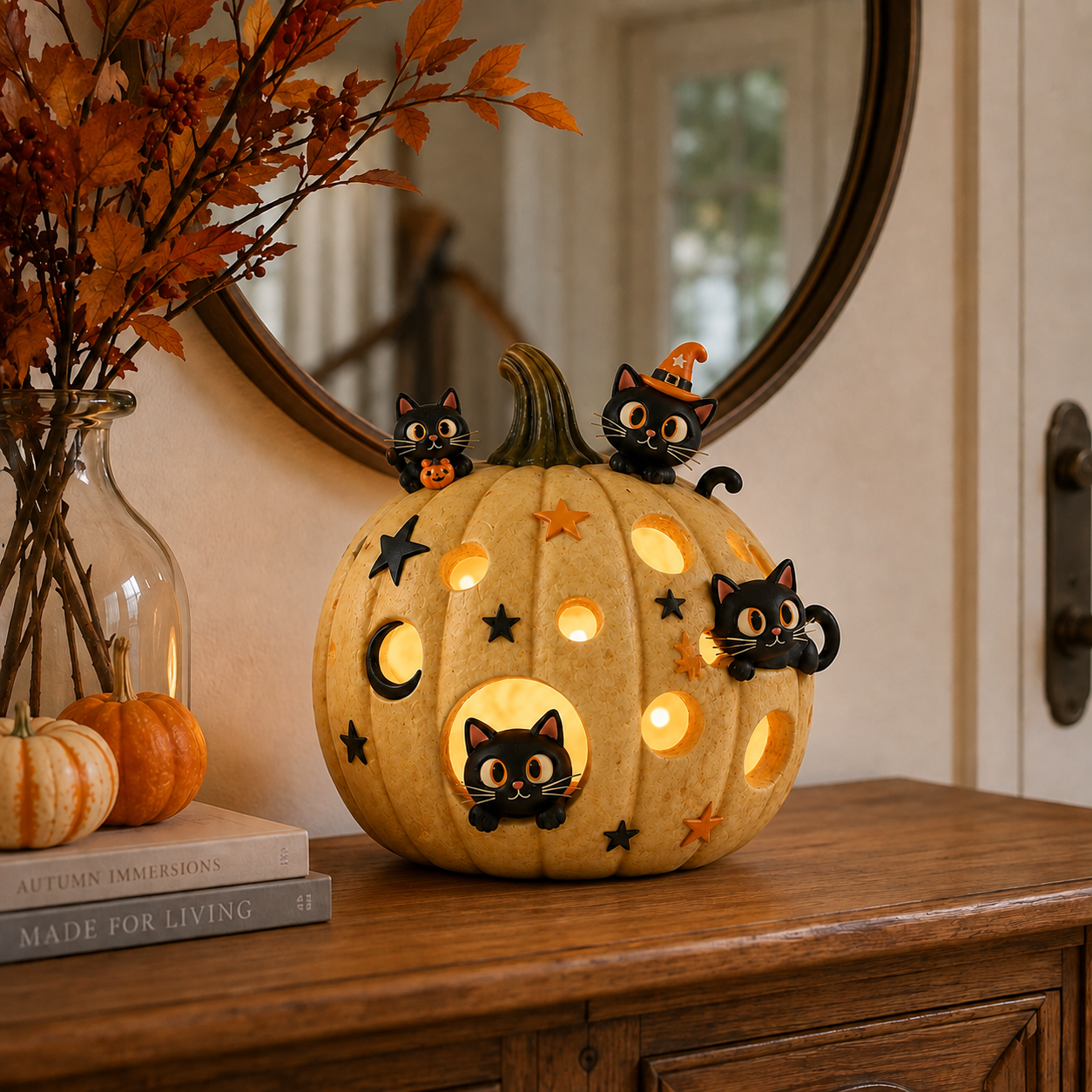 Lighted Black Cat Pumpkin Halloween Decor