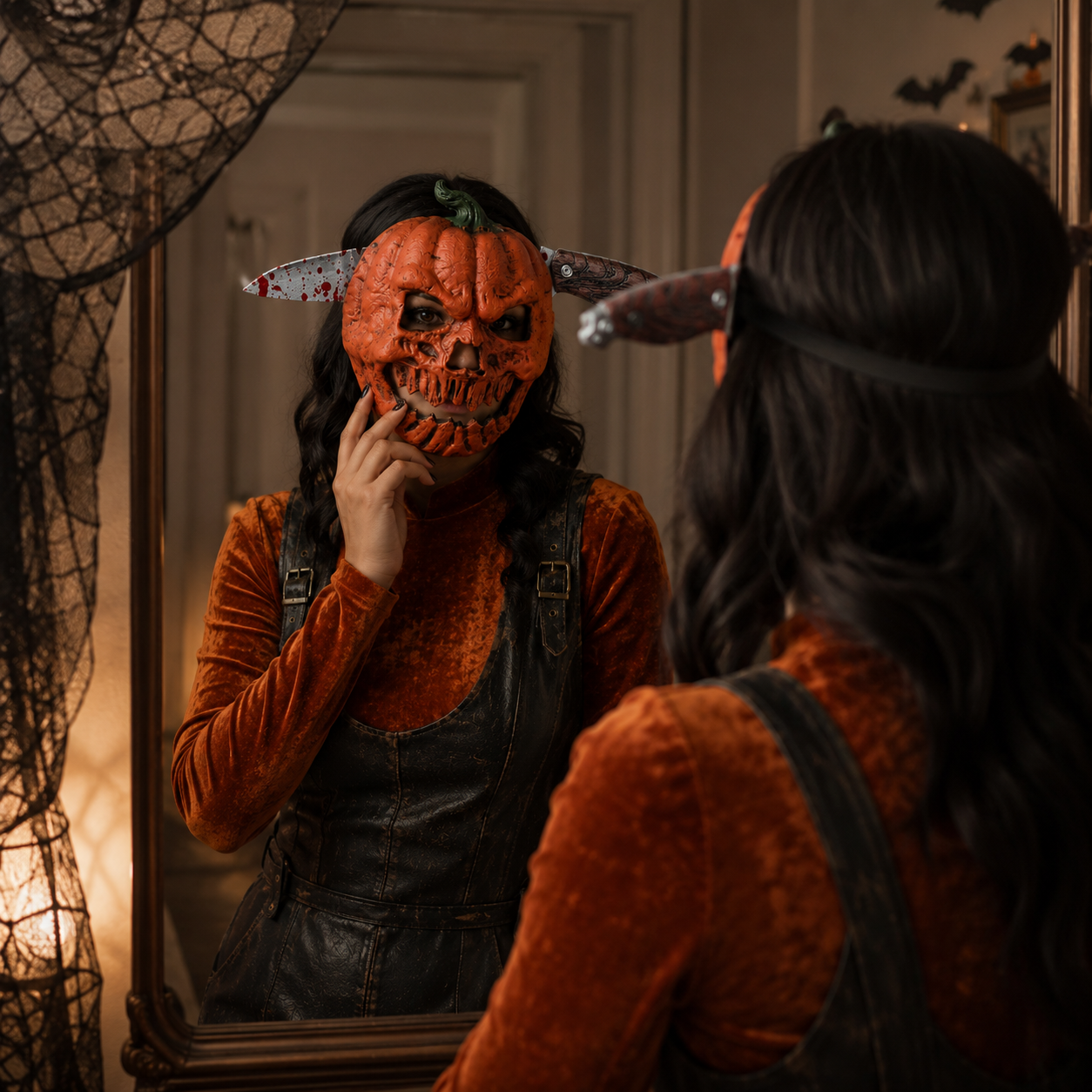 Creepy Pumpkin Mask & Faux Knife Headband – 2-Piece Halloween Costume Set