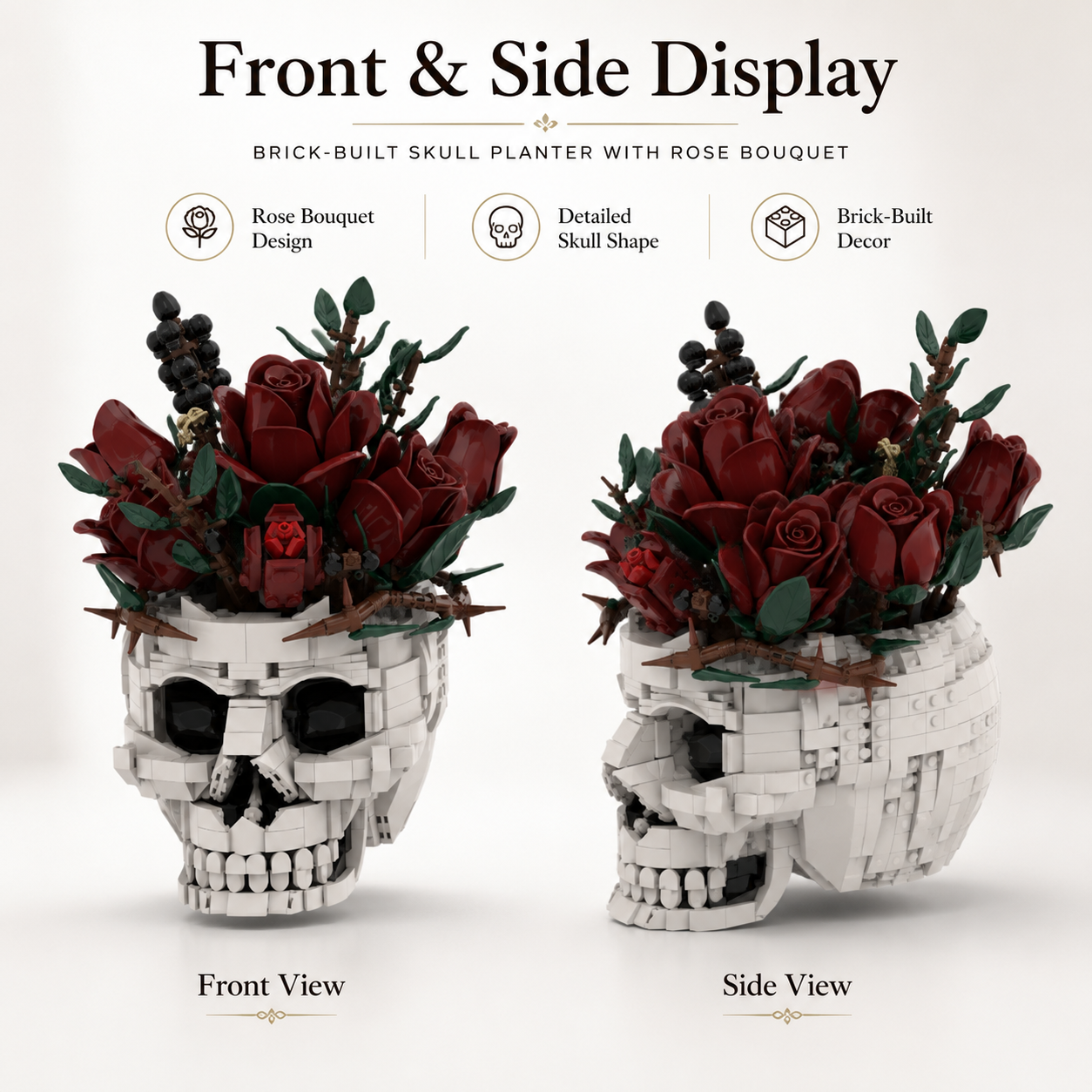Gothic Rose Skull Building Block Flower Vase🖤🌹 – 1123 PCS DIY Dark Romantic Home Decor Gift