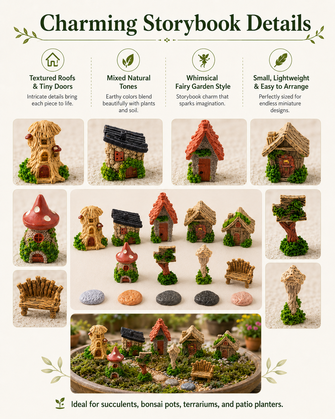 🌿 14-Piece Mini Fairy Garden Kit – Miniature Village Decor for Plant Pots, Terrariums & Backyard Micro Landscapes