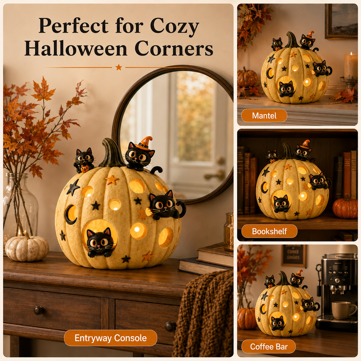 Lighted Black Cat Pumpkin Halloween Decor