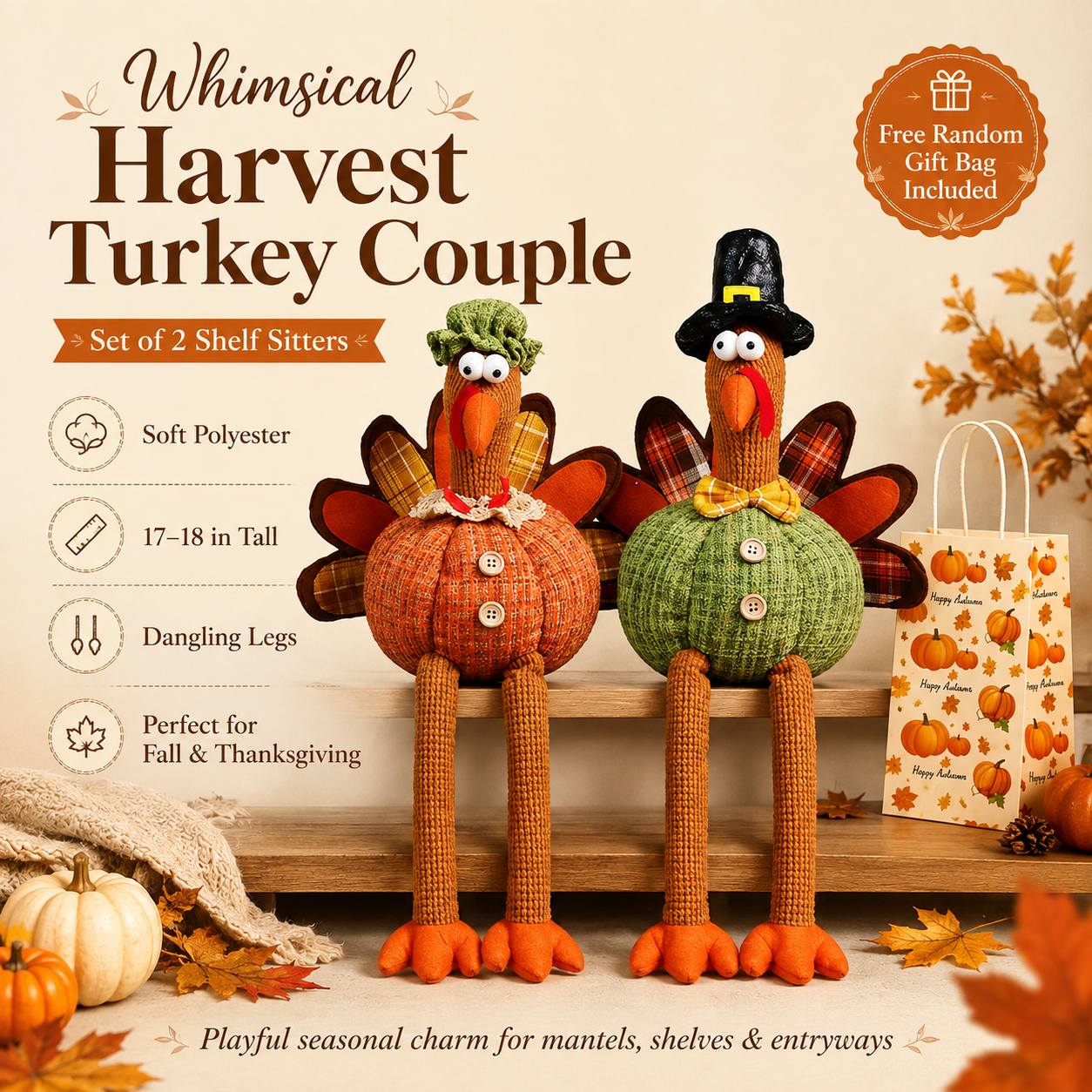 Whimsical Harvest Turkey Couple Shelf Sitters – Set of 2