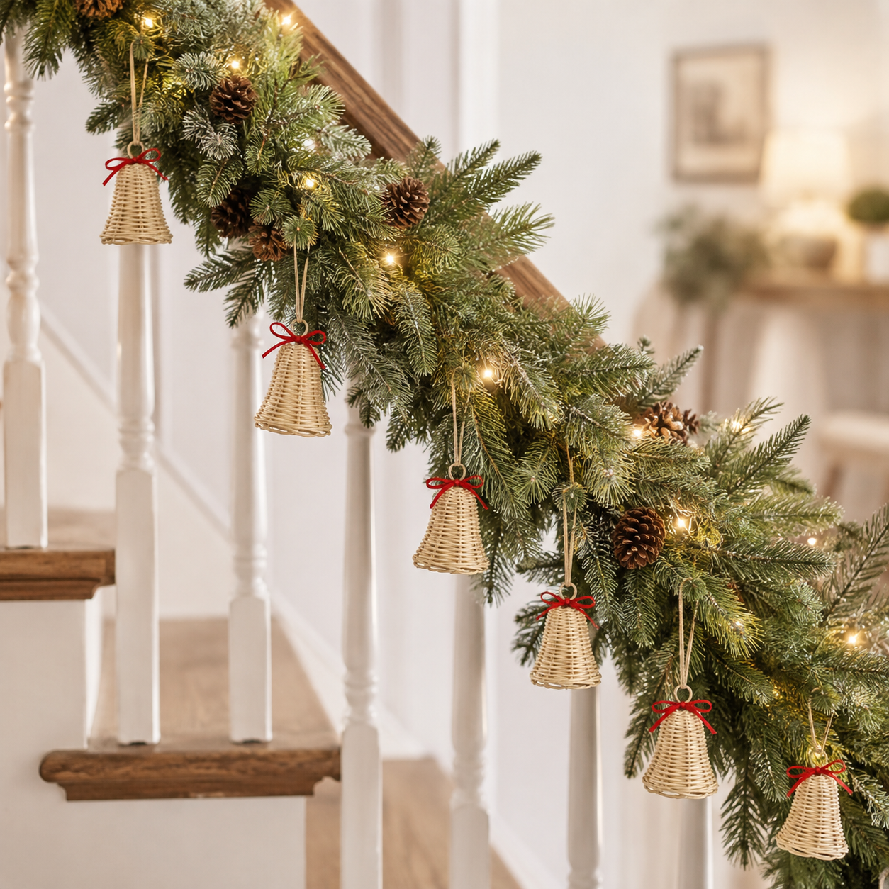 Rustic Woven Christmas Bell Ornaments – 6 Piece Set