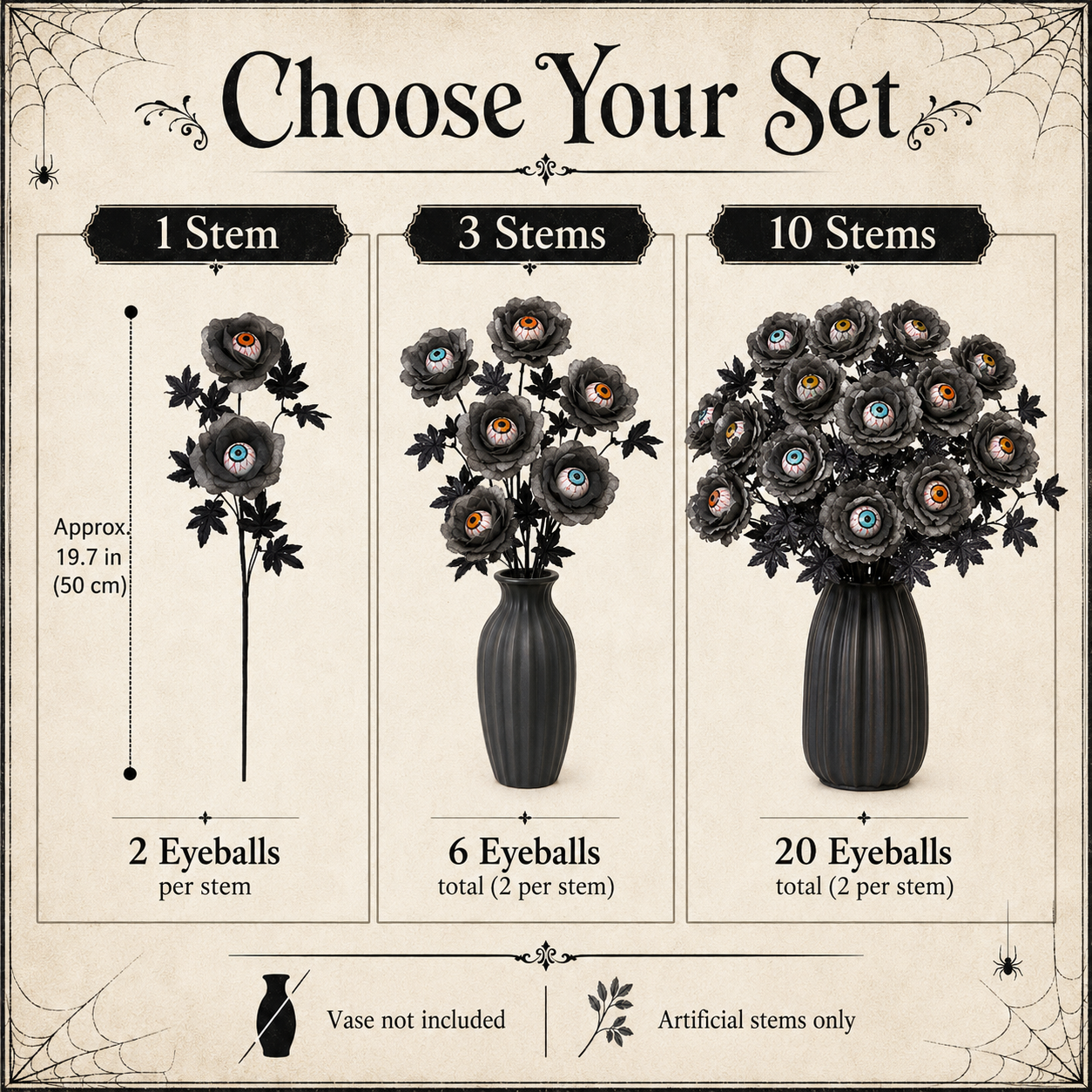 Halloween Eyeball Rose Artificial Flower Stems, Gothic Black Rose Decor