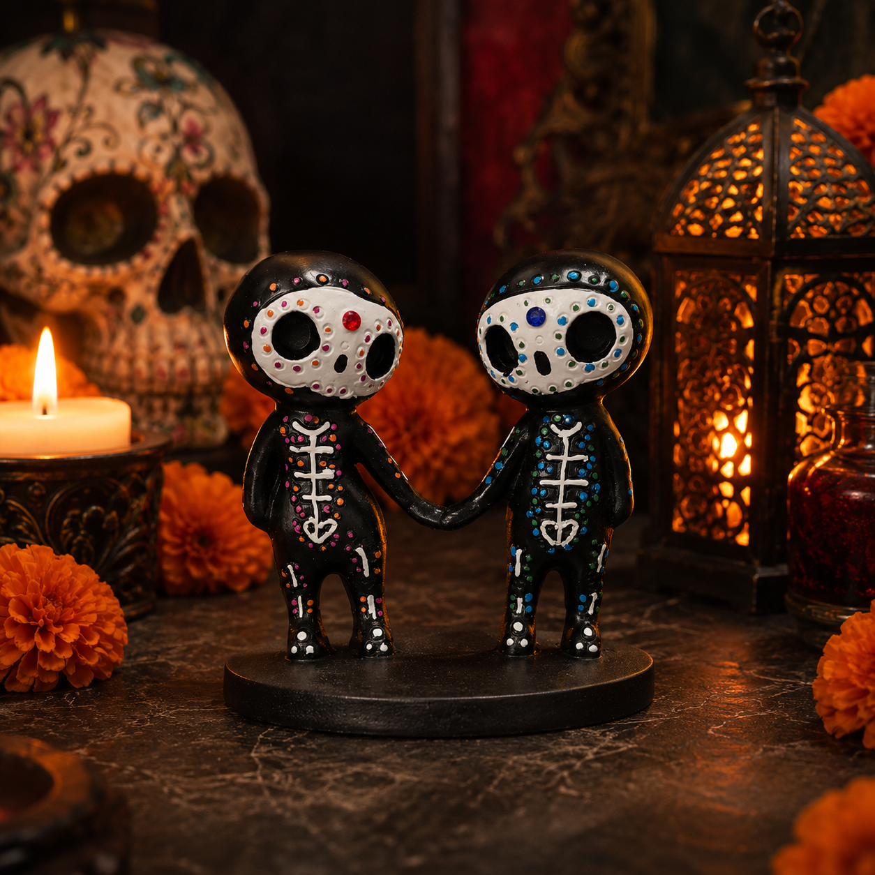 Day of the Dead Skeleton Figurines, Colorful Resin Couple & Family Decorations