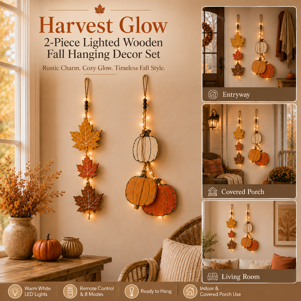 23.6 in Lighted Fall Wooden Hanging Decor Set – Maple Leaves & Pumpkins