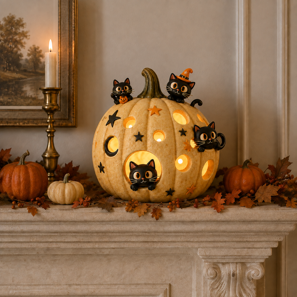 Lighted Black Cat Pumpkin Halloween Decor