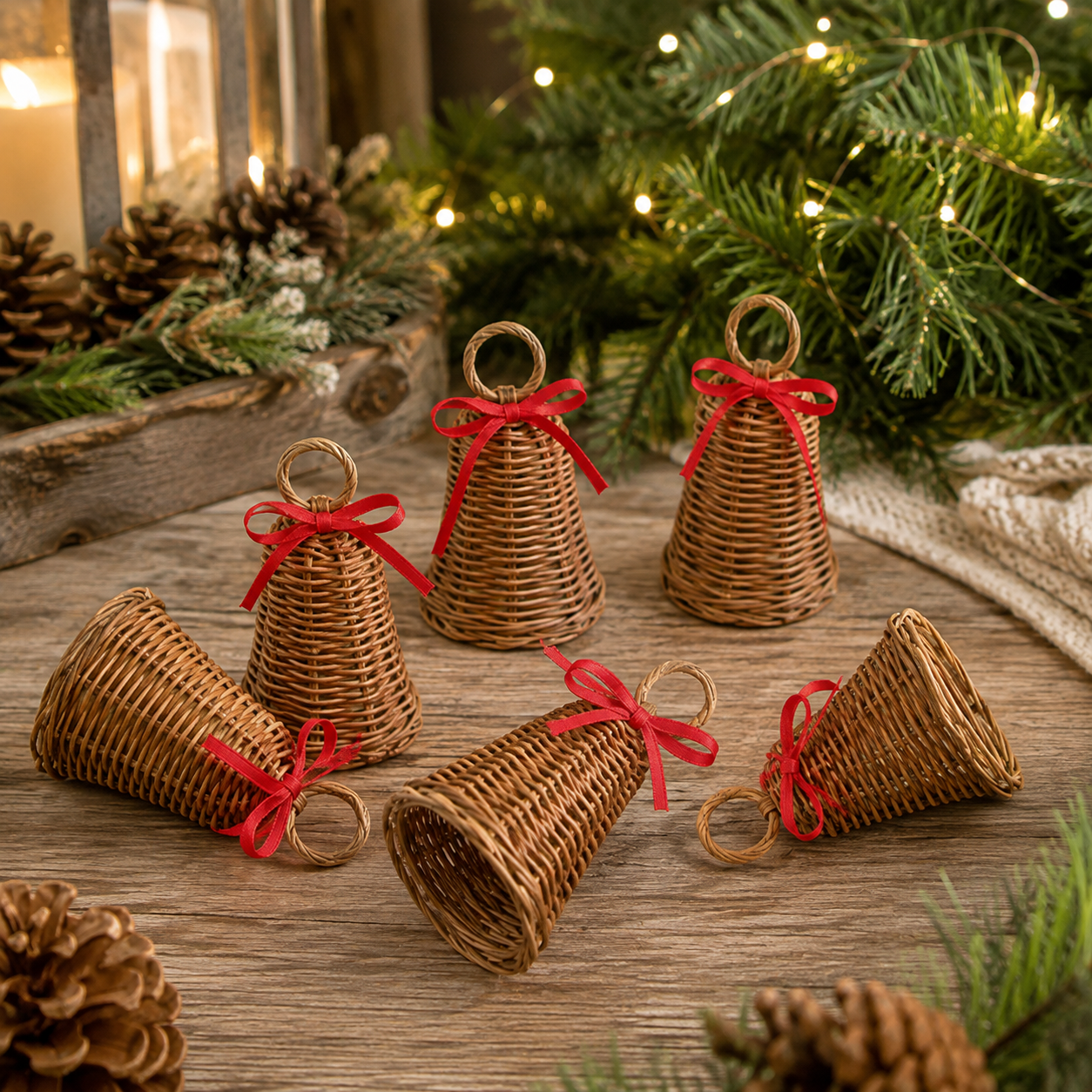 Rustic Woven Christmas Bell Ornaments – 6 Piece Set