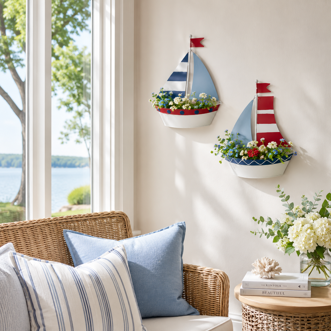 Coastal Sailboat Metal Wall Planter – Nautical Hanging Flower Basket⛵
