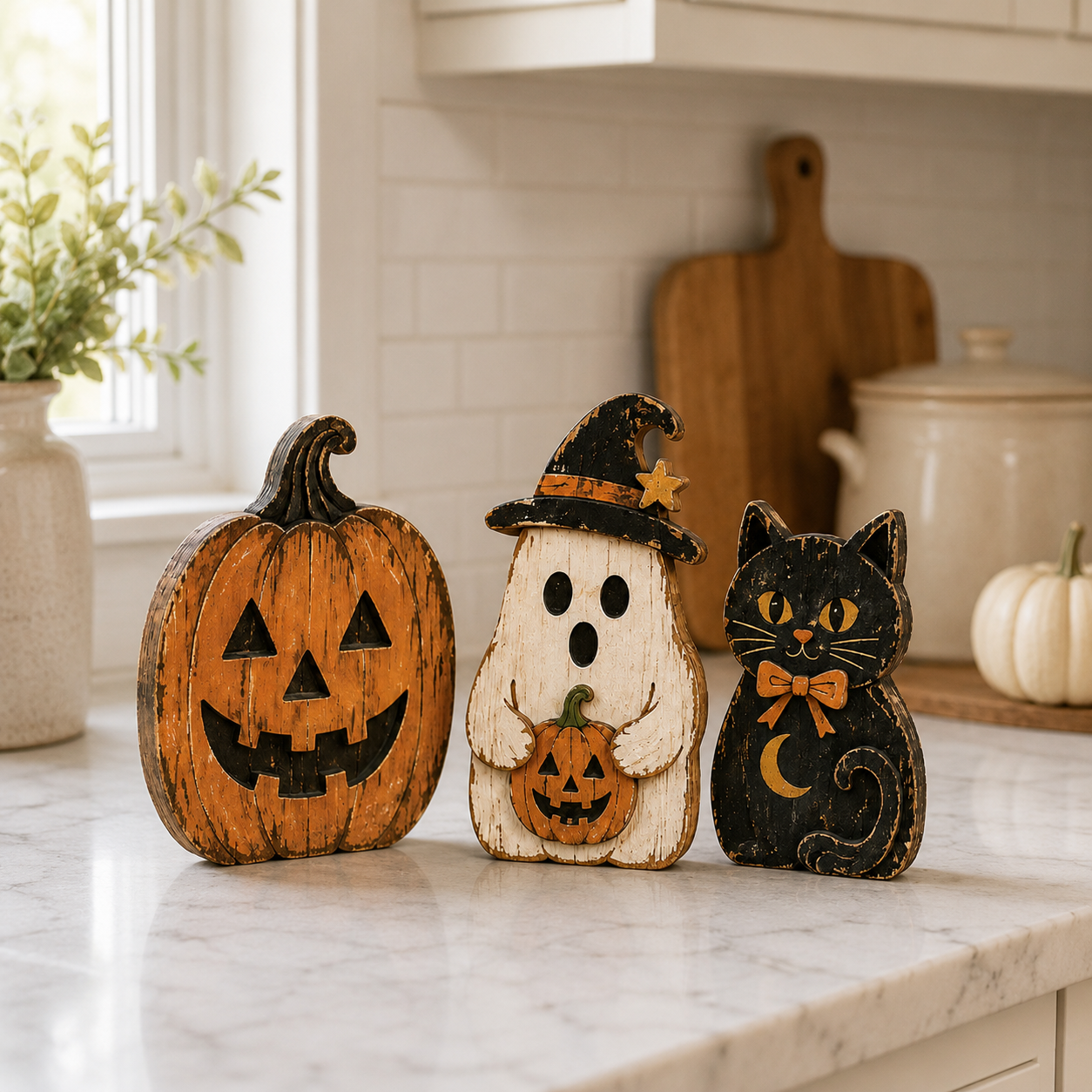 Vintage Halloween Wooden Trio – Pumpkin, Ghost & Black Cat