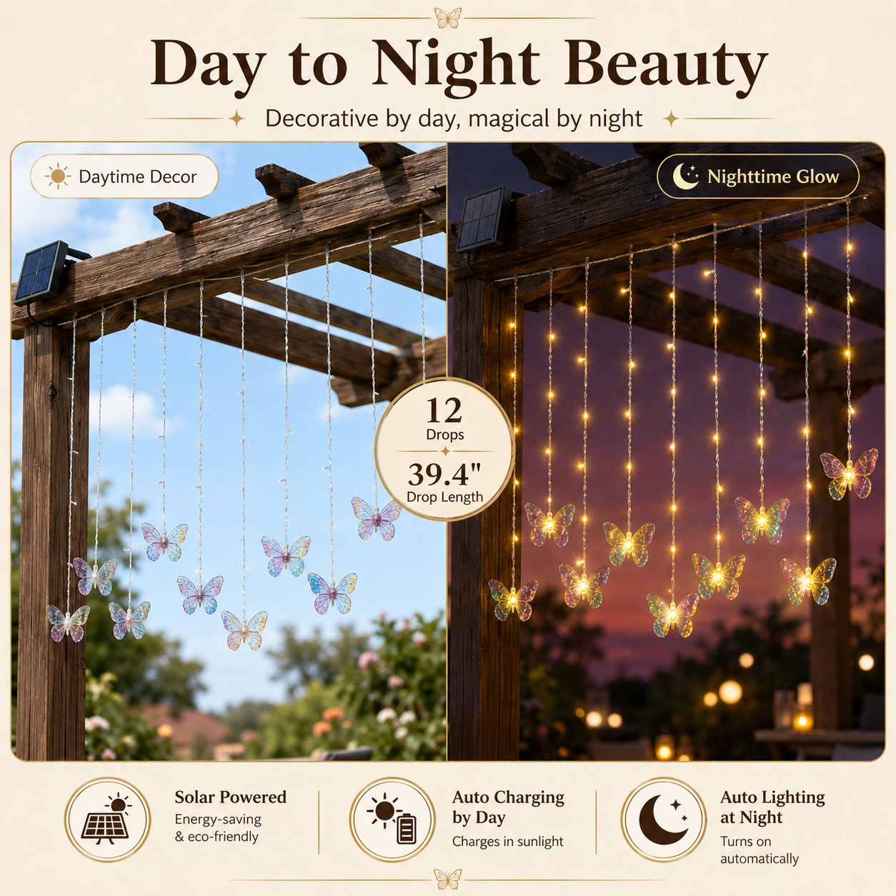 118.1 in Solar Butterfly Waterfall Curtain Lights 🦋✨ Warm White Outdoor Fairy Lights with Remote Control & 8 Lighting Modes