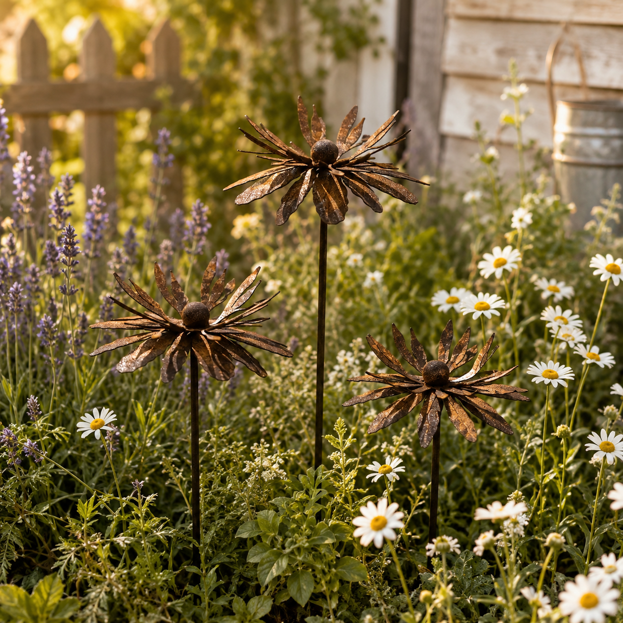25.6" Tall Vintage Wildflower Metal Garden Stakes - Set of 3