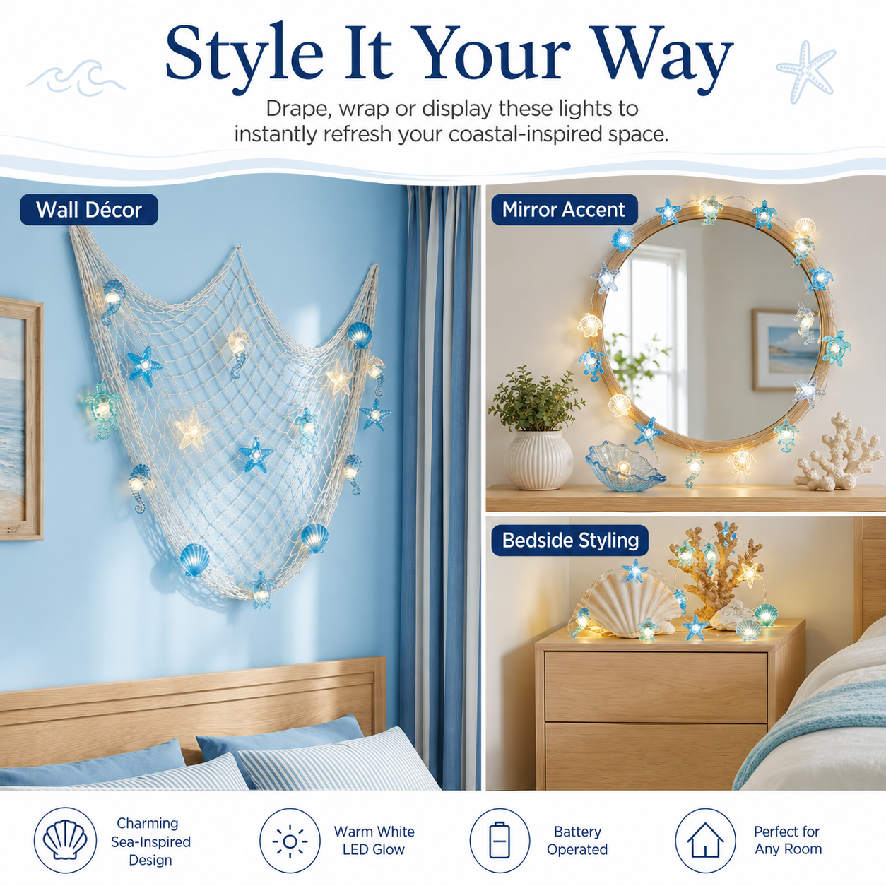 Ocean-Themed String Lights – Starfish, Seahorse, Seashell, and Turtle Shaped LED Decorative String Lights