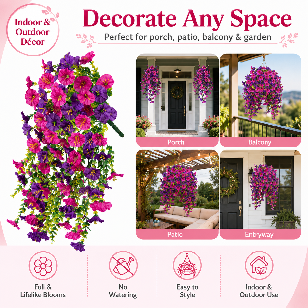 4 Bunch Artificial Hanging Flowers , Faux Petunia Hanging Plants for Outdoor Indoor Decor——Flower basket not included