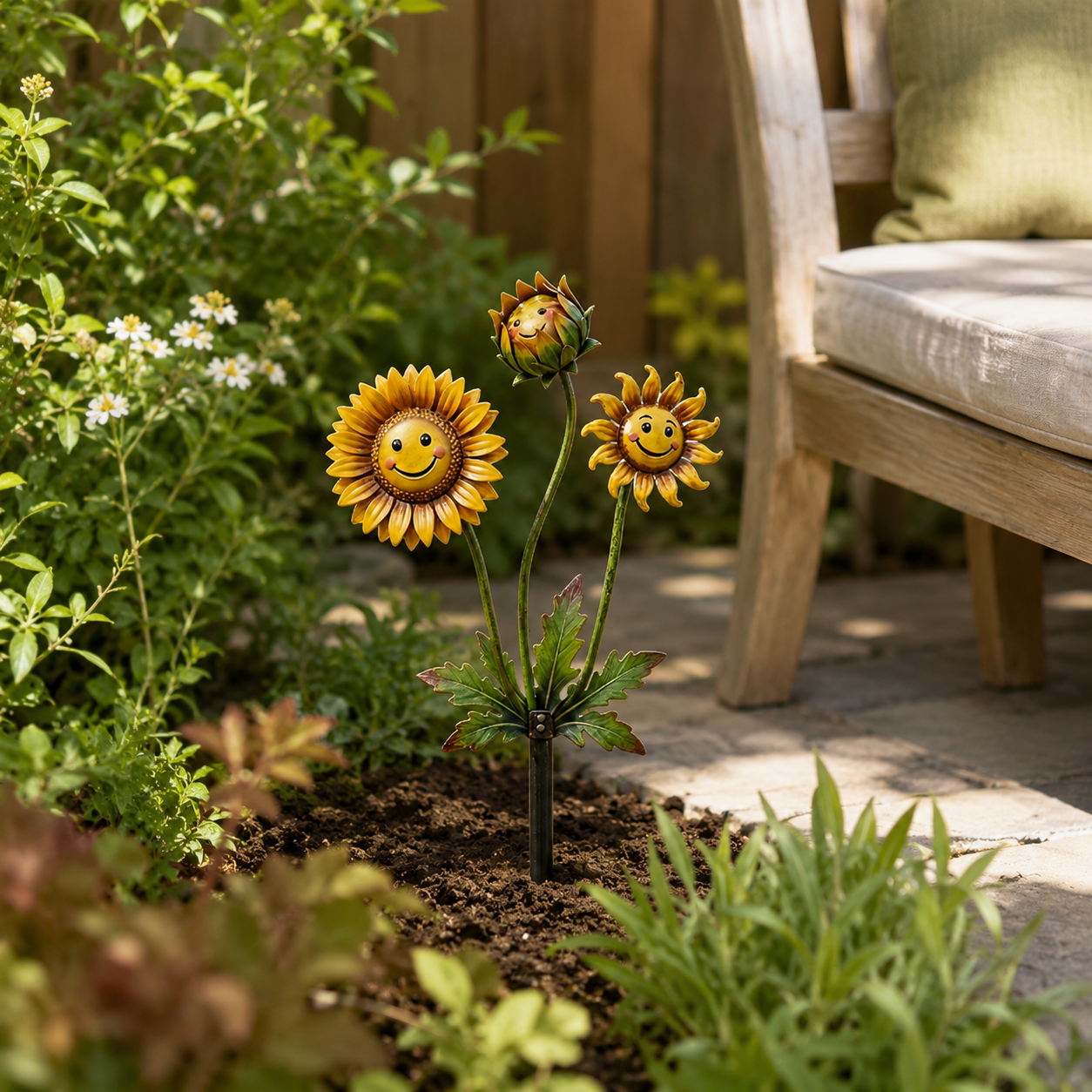 2D Smiling Sunflower Garden Stake Decor, Metal Flower Yard Art with Cute Face