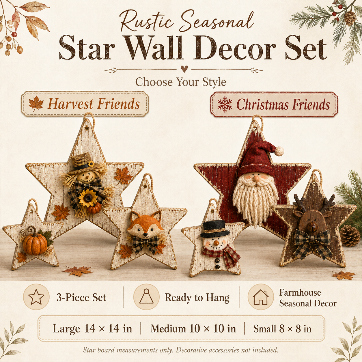 Rustic Seasonal Star Wall Decor Set – 3-Piece