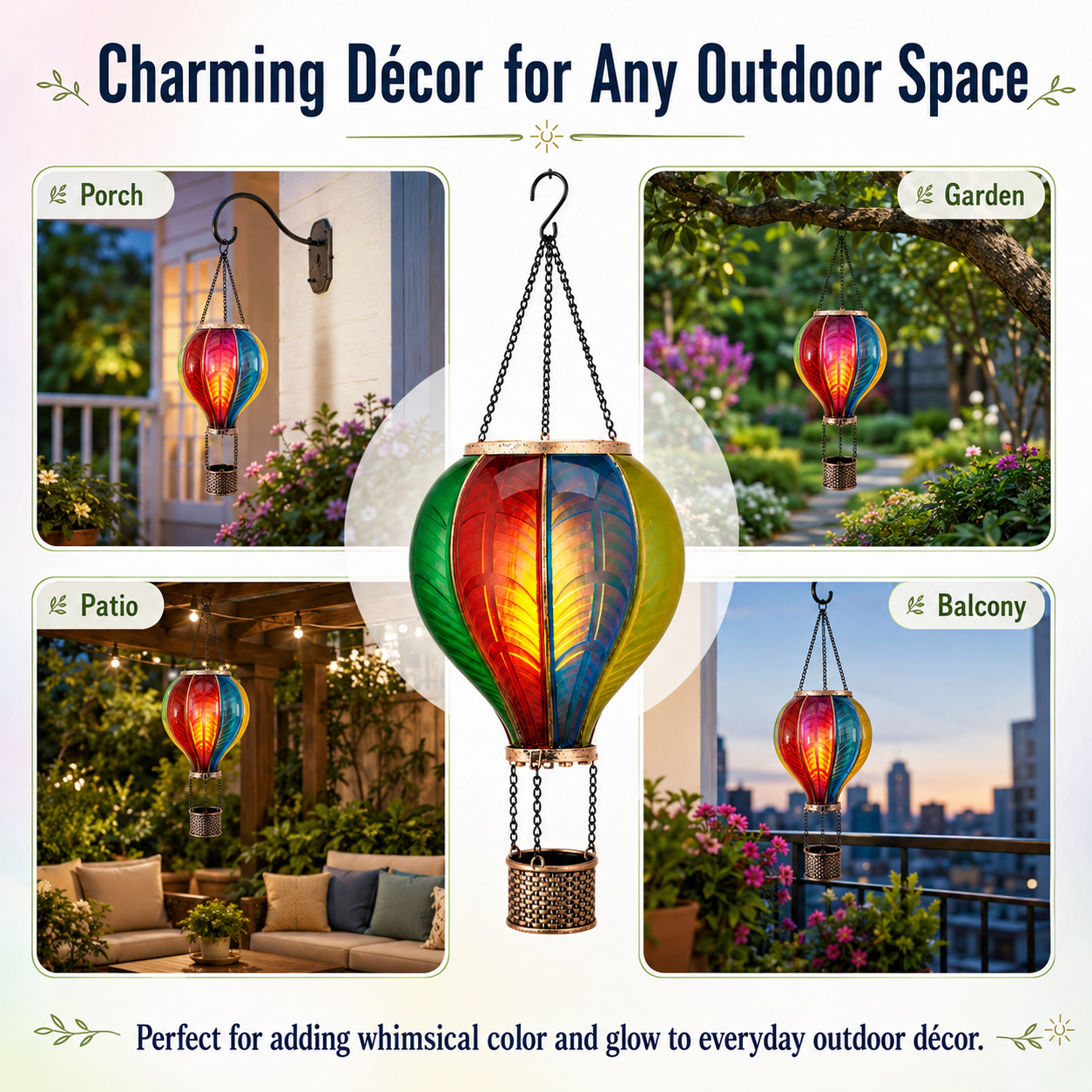 Solar Hot Air Balloon Hanging Lantern, Colorful Stained Glass Style Outdoor Solar Garden