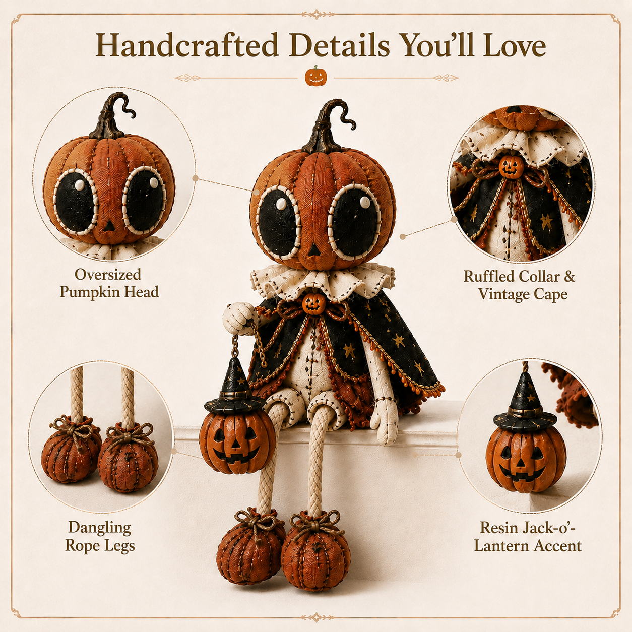 🎃 Vintage Pumpkin Head Dangling Leg Halloween Doll