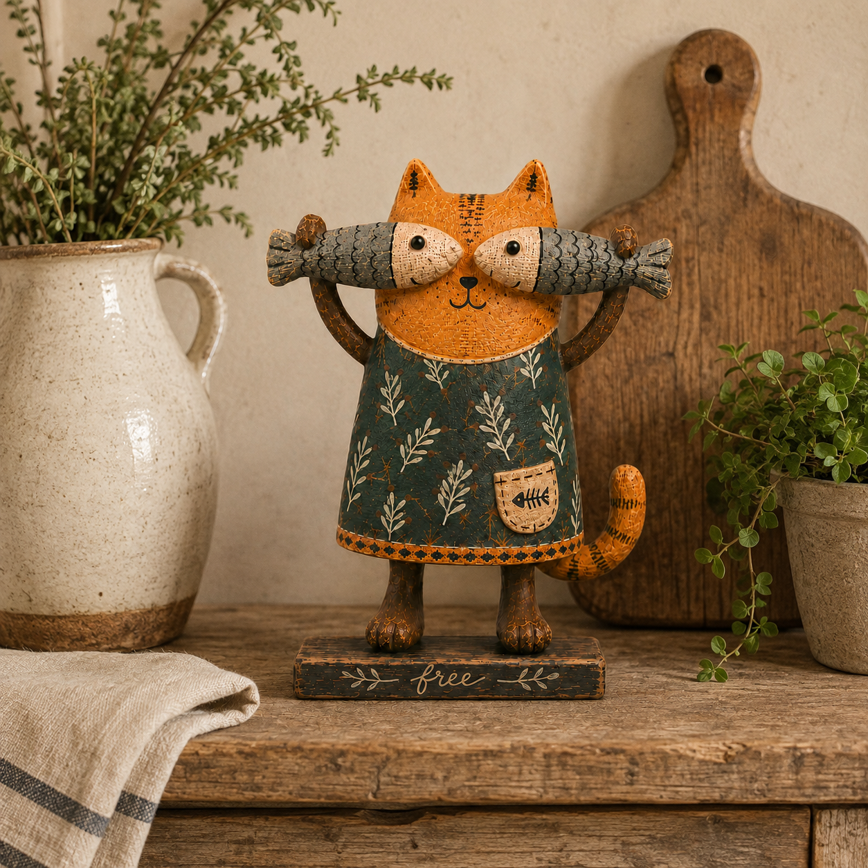 Free Spirit Cat with Fish Wooden Figurine