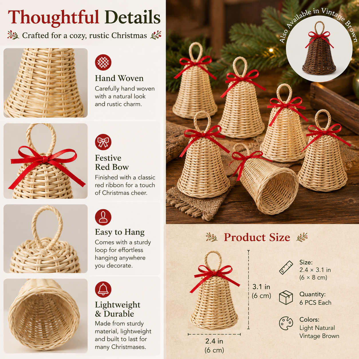 Rustic Woven Christmas Bell Ornaments – 6 Piece Set