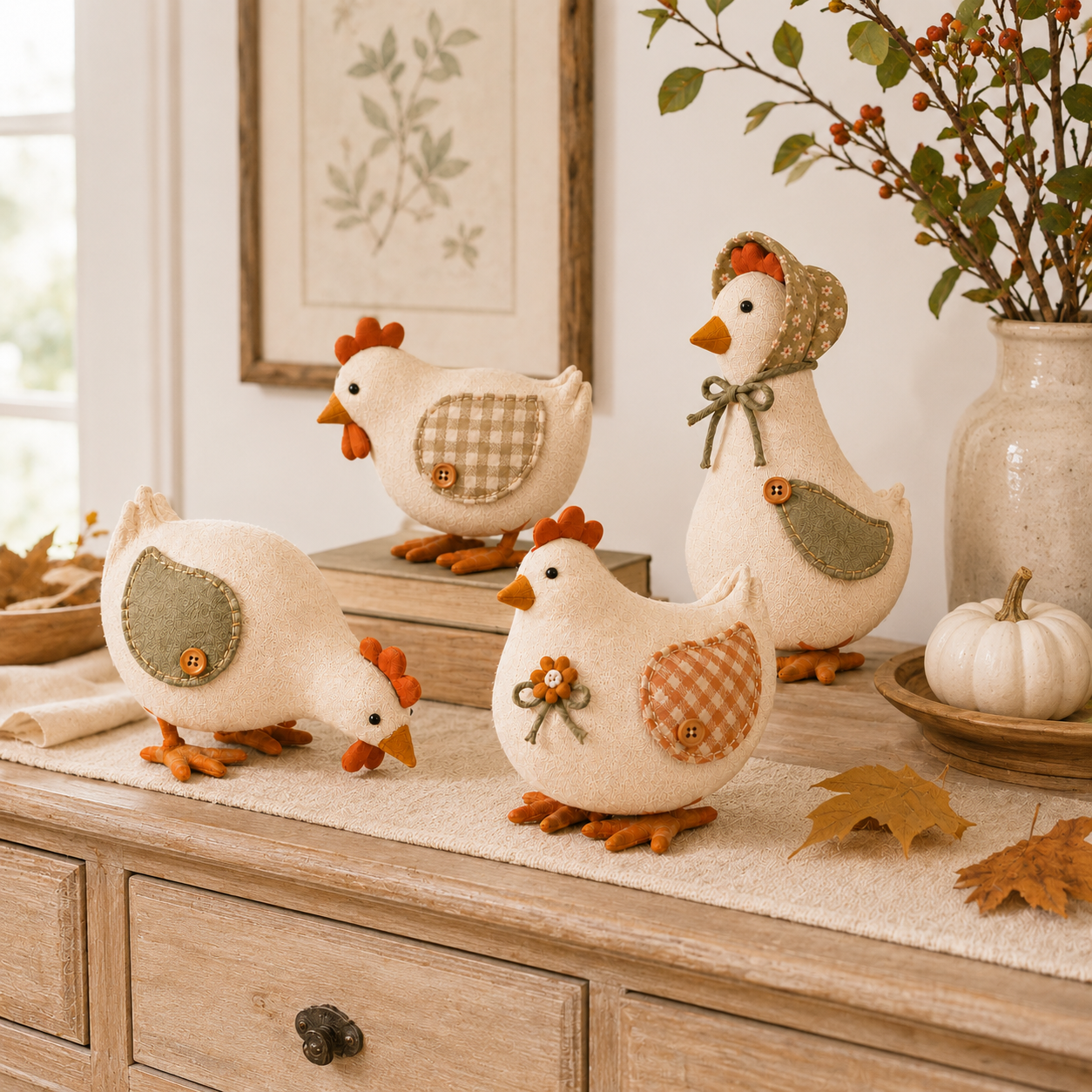 Harvest Hen & Rooster Fabric Doll Set – 4-Piece Fall Farmhouse Decor 🐔🍂