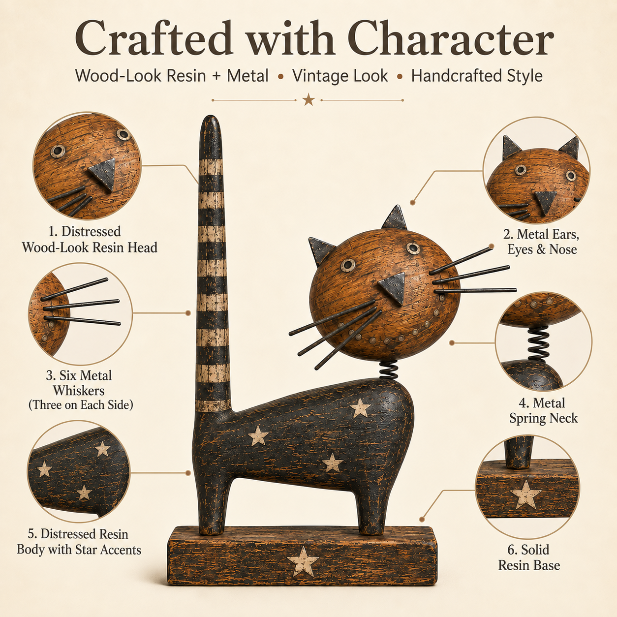 Vintage Primitive Folk Art Cat Figurine with Rustic Metal Accents