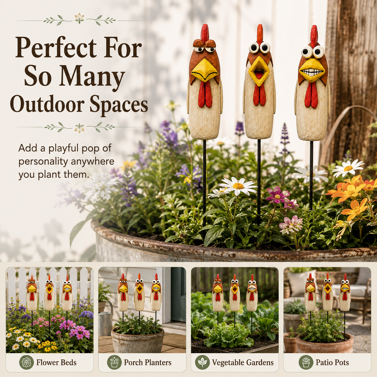 Funny Chicken Garden Stakes – 3 Piece Whimsical Yard Decor for Flower Beds, Planters & Backyard