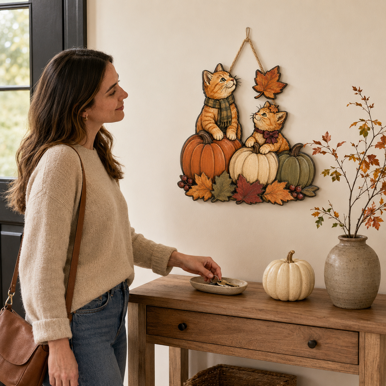 Autumn Whiskers Cat & Pumpkin Wooden Hanging Decor
