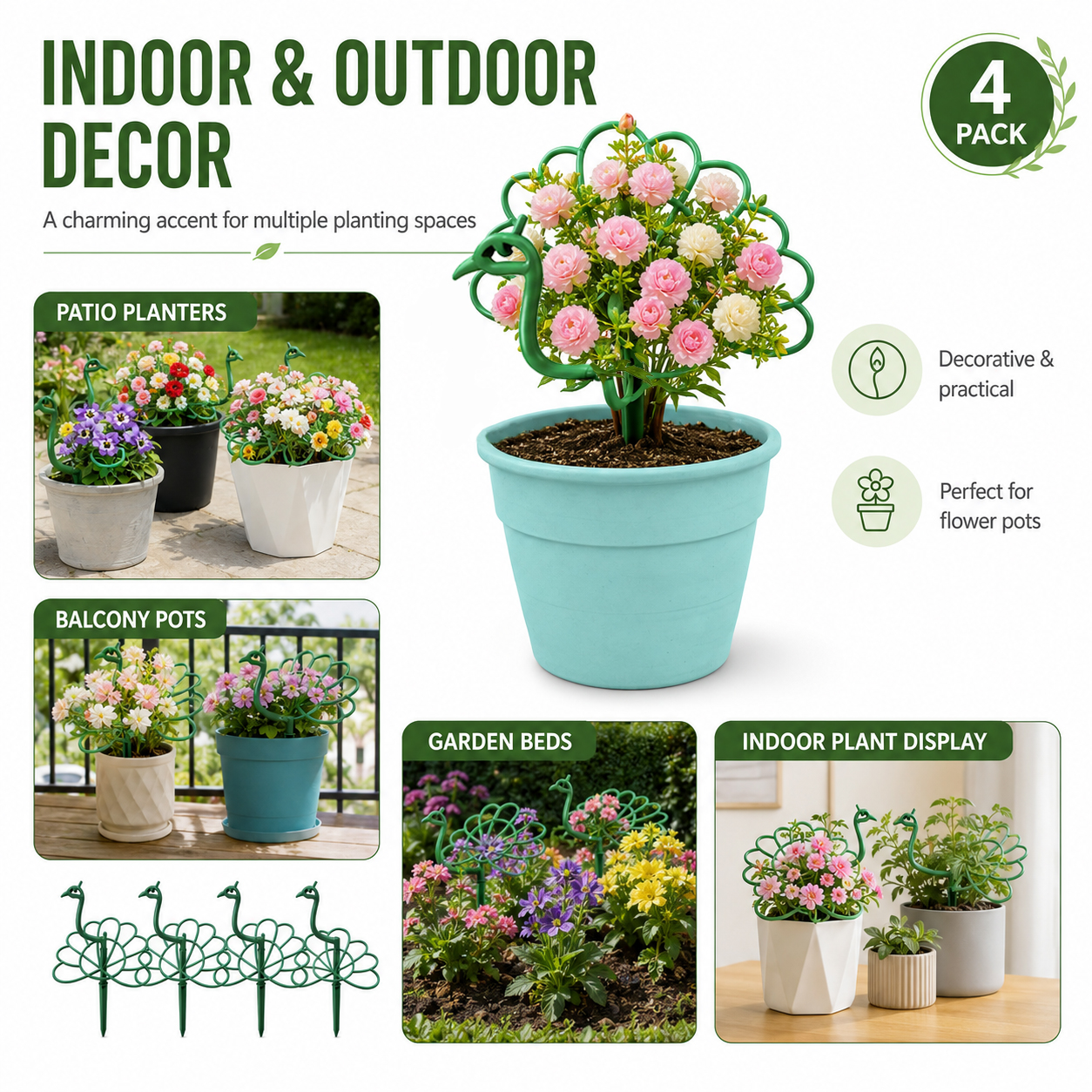 4 Pack Peacock Plant Support Stakes, Green Decorative Garden Plant Holders for Potted Flowers
