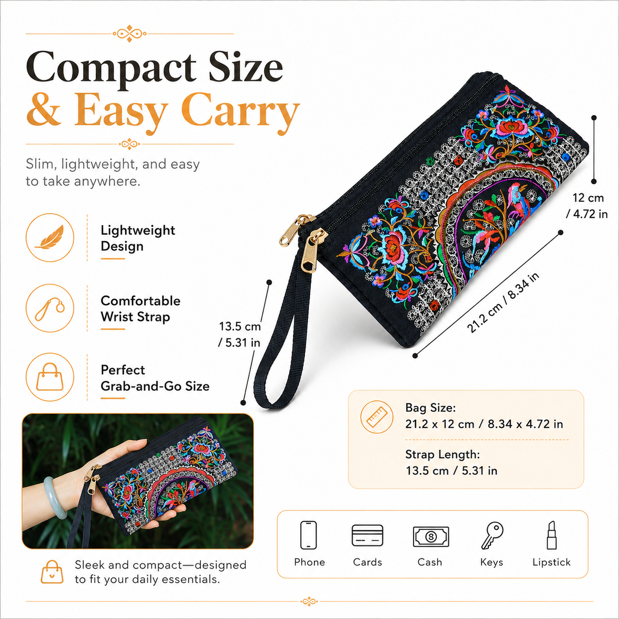 Embroidered Ethnic Style Wristlet Handbag, Double Zipper Floral Phone Purse