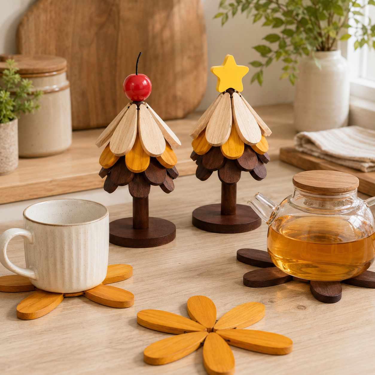2-in-1 Wooden Trivet Tree Set – 5 Fold-Out Heat Pads 🌳