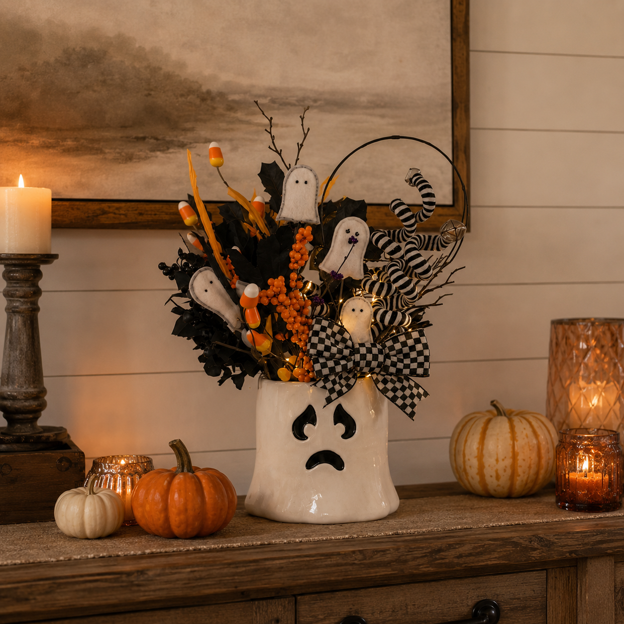 Whimsical Lighted Ghost Vase Halloween Centerpiece
