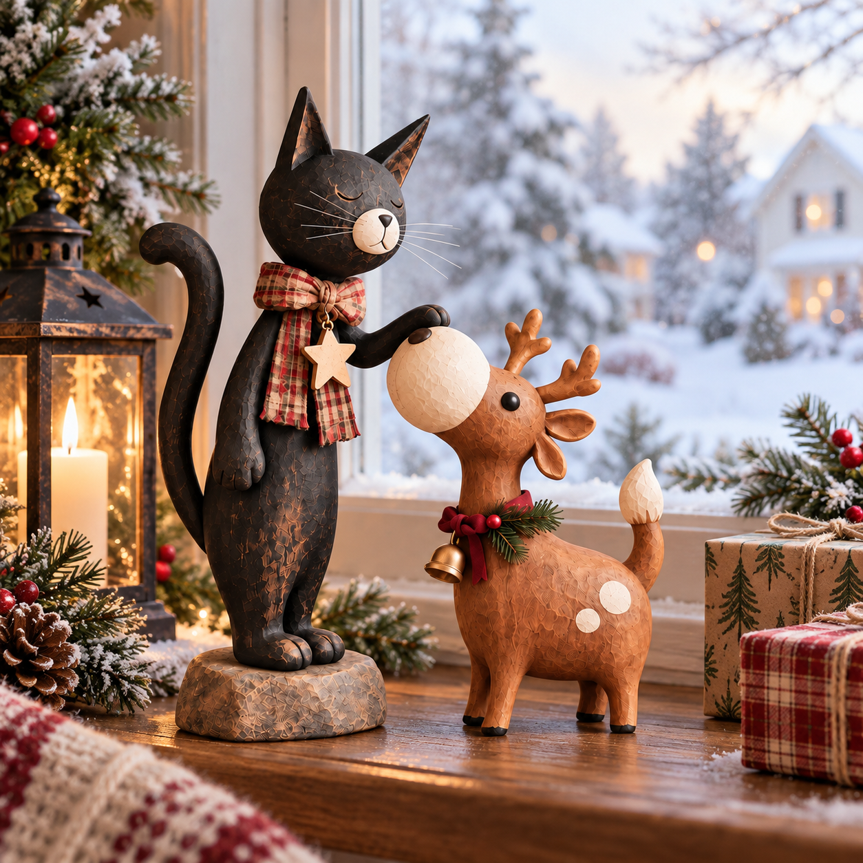 Whimsical Christmas Cat & Reindeer Figurine Set