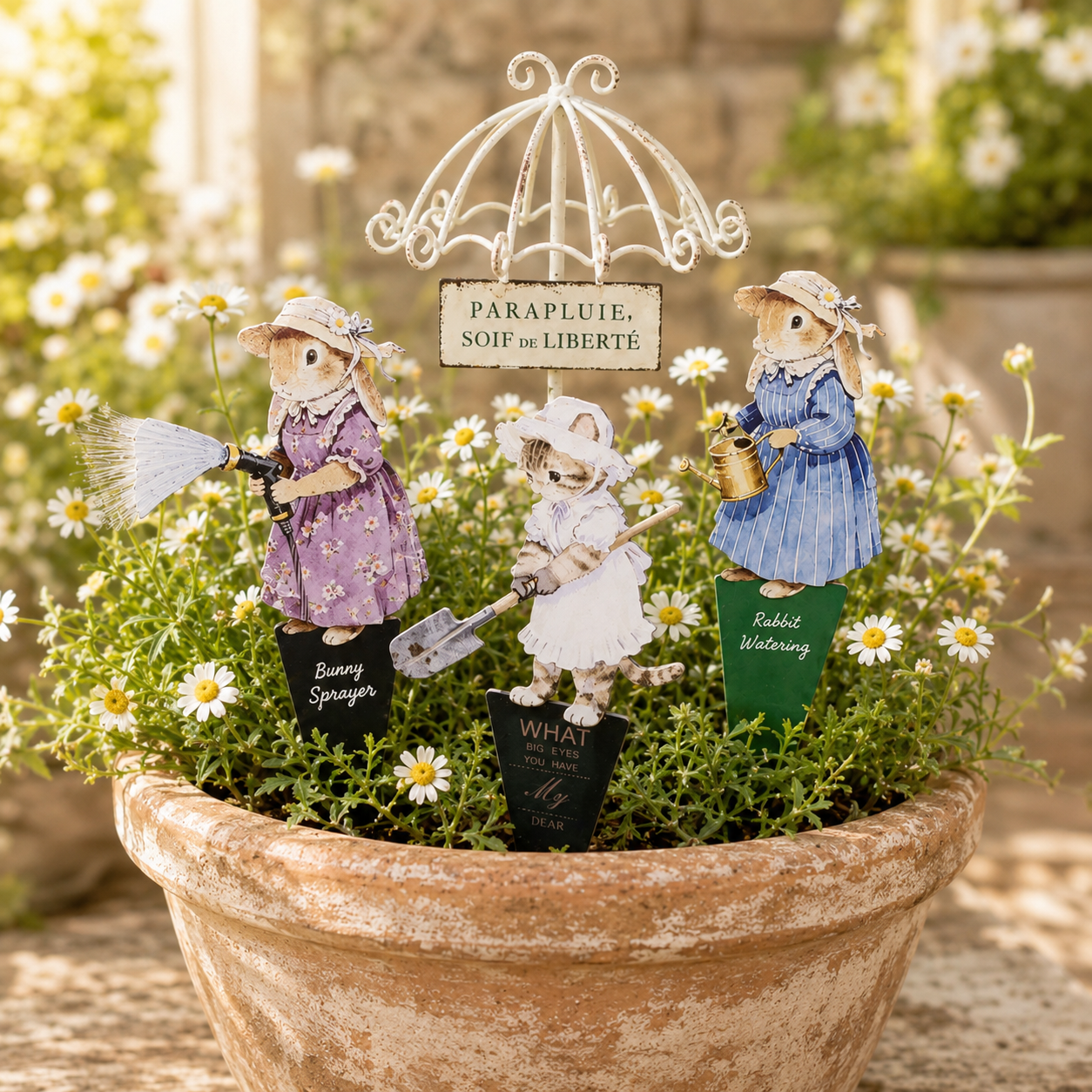 Storybook Garden Stakes – Mini Umbrella with Cat & Bunny Planter Decor