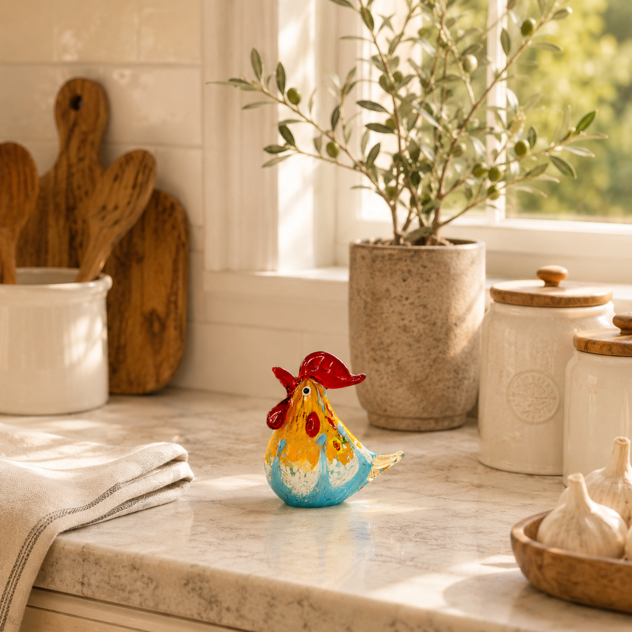 Colorful Art Glass Rooster Figurine with Luxury Gift Box 🐓✨
