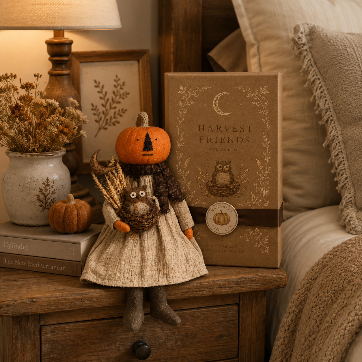 Pumpkin Head Harvest Doll with Gift Box - 11 Inch Fall Tabletop Decor