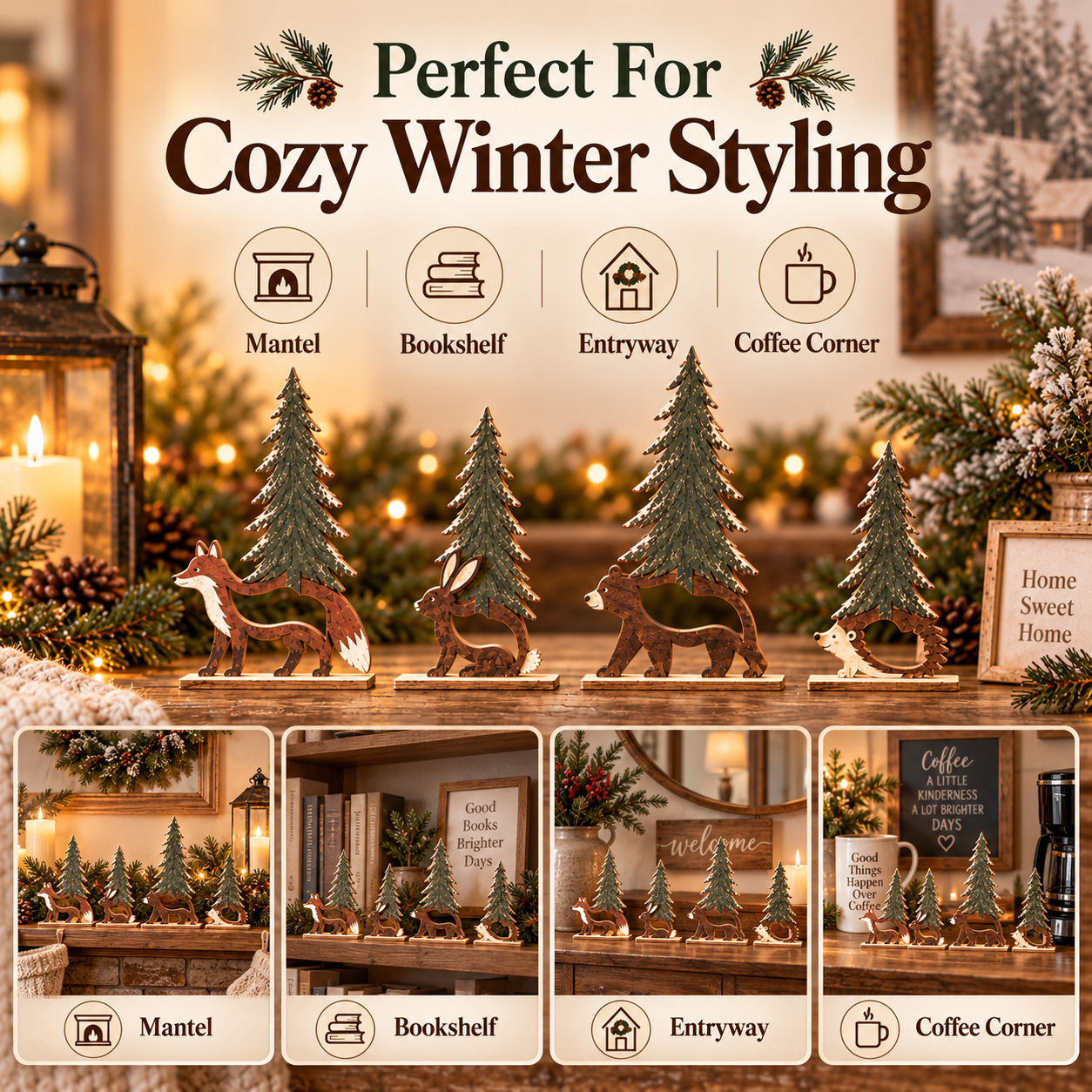 Woodland Christmas Forest Friends Set - 4 Piece Rustic Wooden Animal Tree Decor