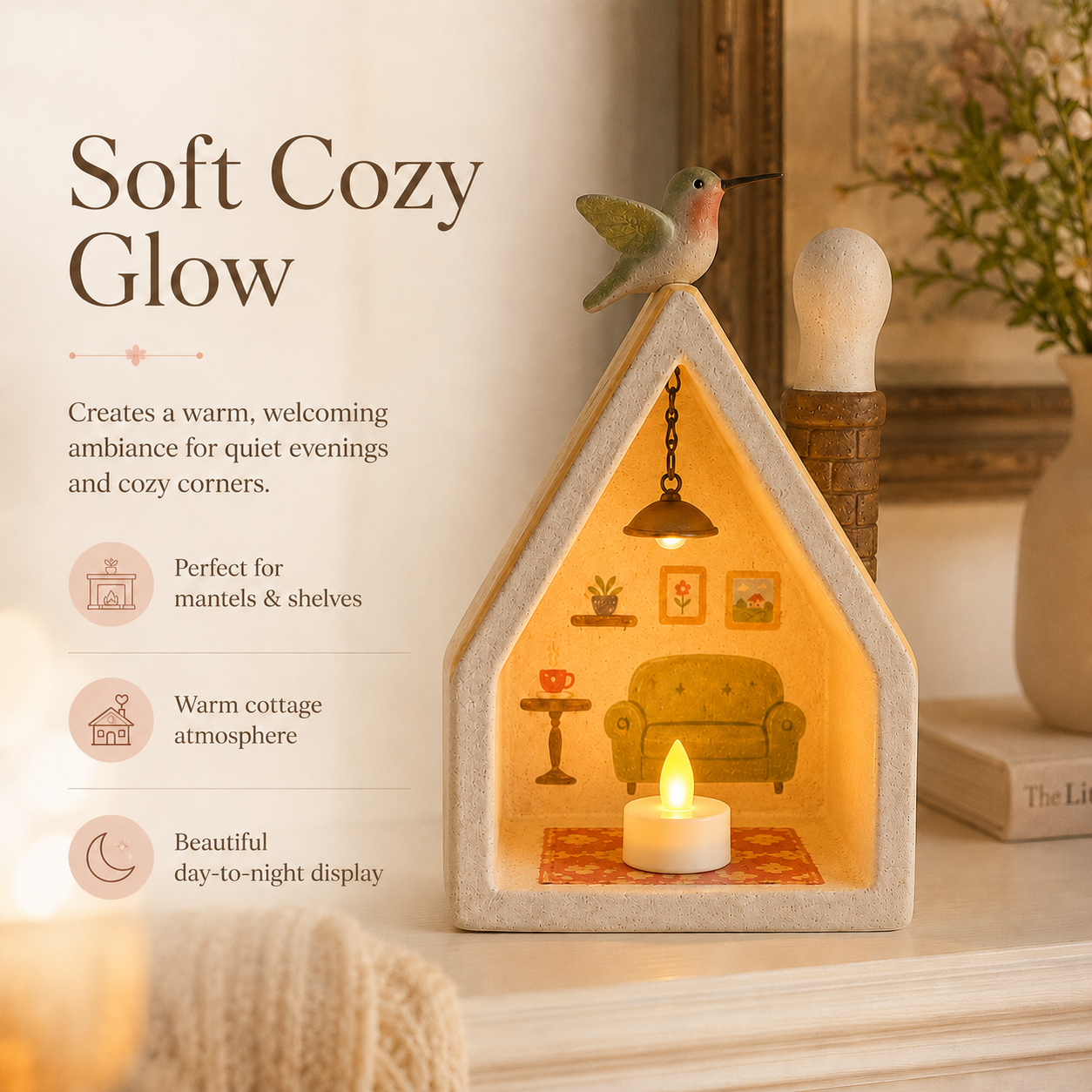 🐦 Whimsical Hummingbird Cottage Resin LED Tea Light Holder