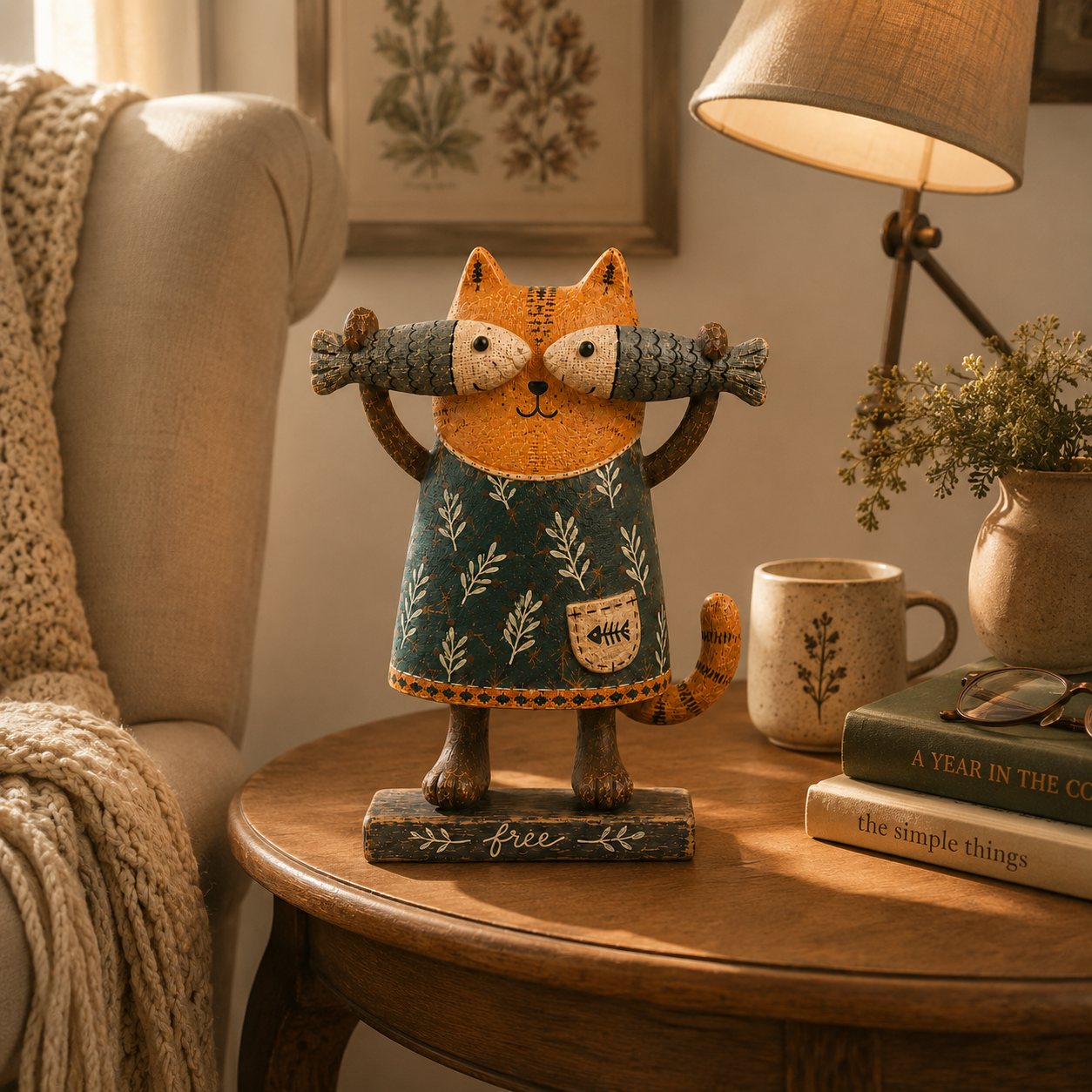 Free Spirit Cat with Fish Wooden Figurine