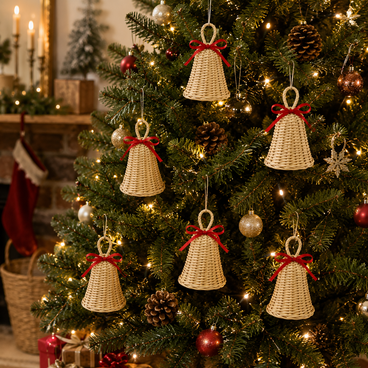 Rustic Woven Christmas Bell Ornaments – 6 Piece Set