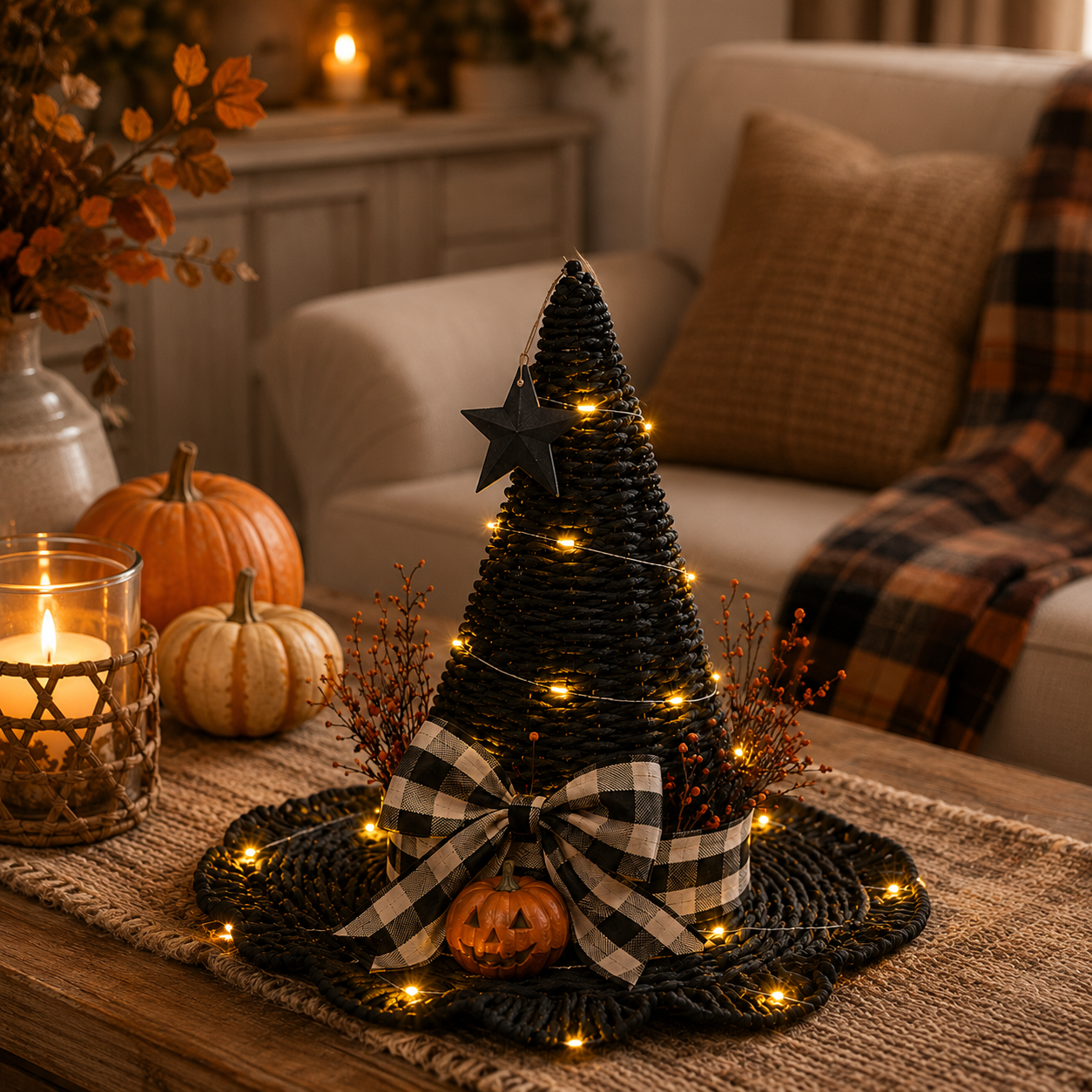 Lighted Woven Witch Hat Decor ✨