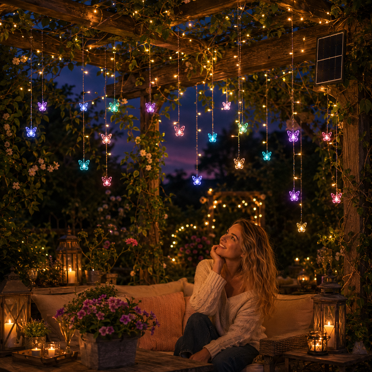118.1 in Solar Butterfly Waterfall Curtain Lights 🦋✨ Warm White Outdoor Fairy Lights with Remote Control & 8 Lighting Modes