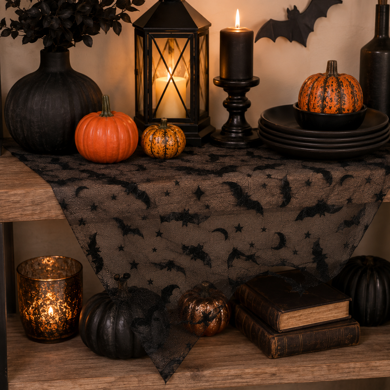🎃 180 in Halloween Sheer Table Runner Roll Spider Web & Bat Mesh Decor for Party Tables