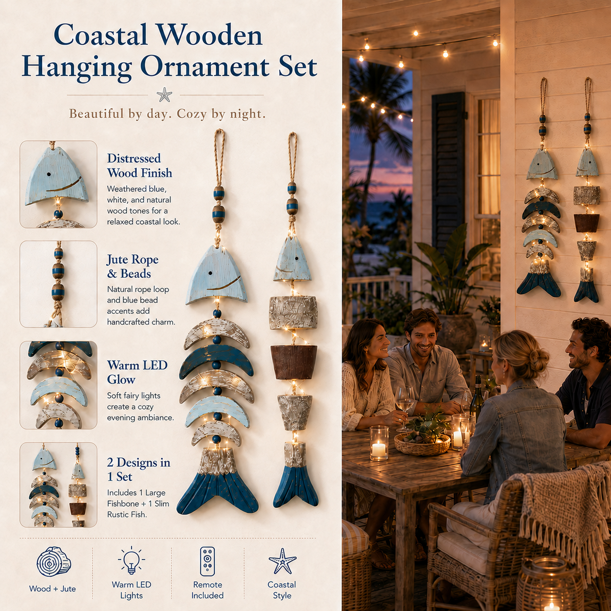 🌊 Lighted Coastal Wooden Fish Hanging Decor Set of 2