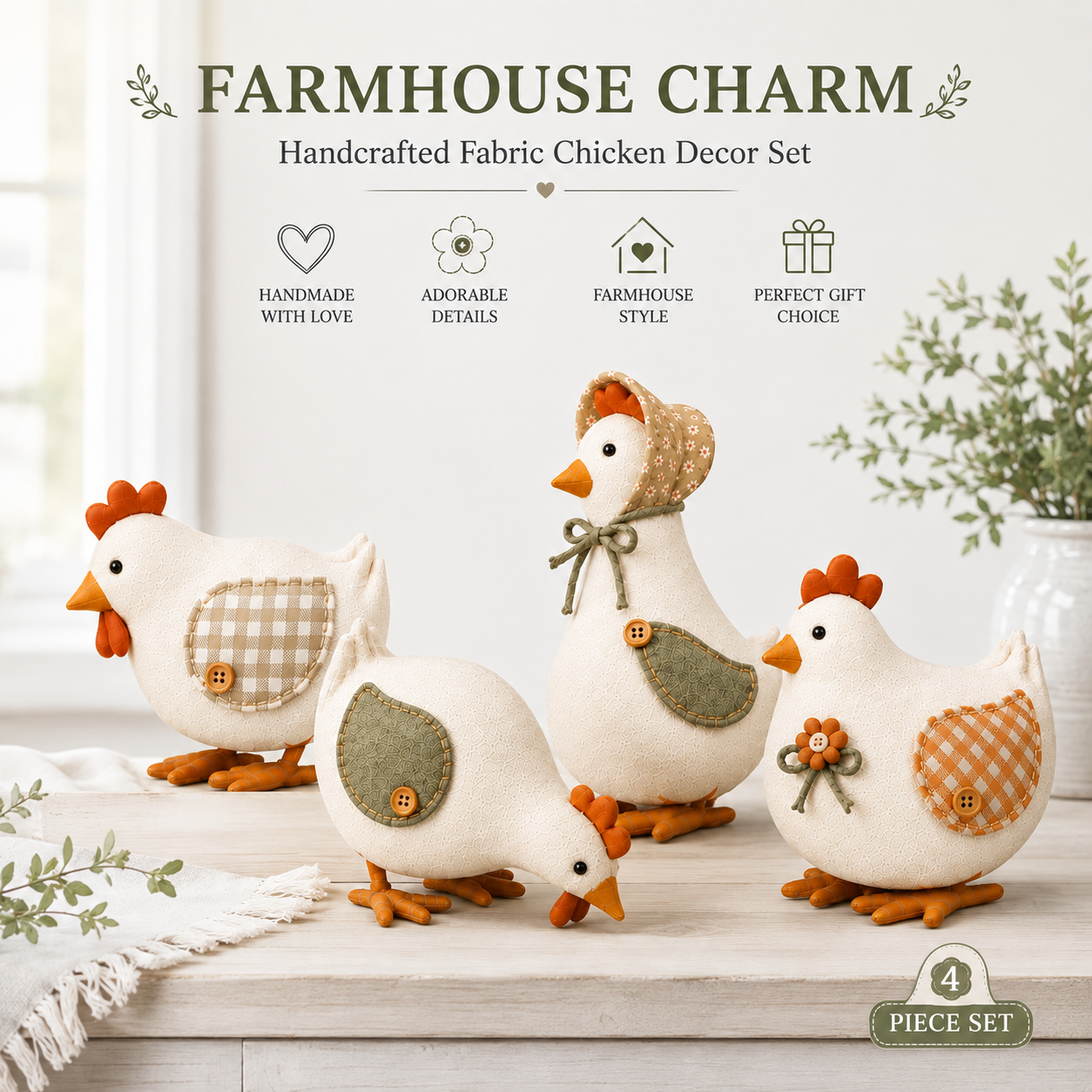 Harvest Hen & Rooster Fabric Doll Set – 4-Piece Fall Farmhouse Decor 🐔🍂