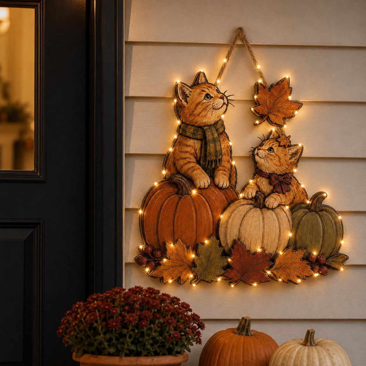 Autumn Whiskers Cat & Pumpkin Wooden Hanging Decor