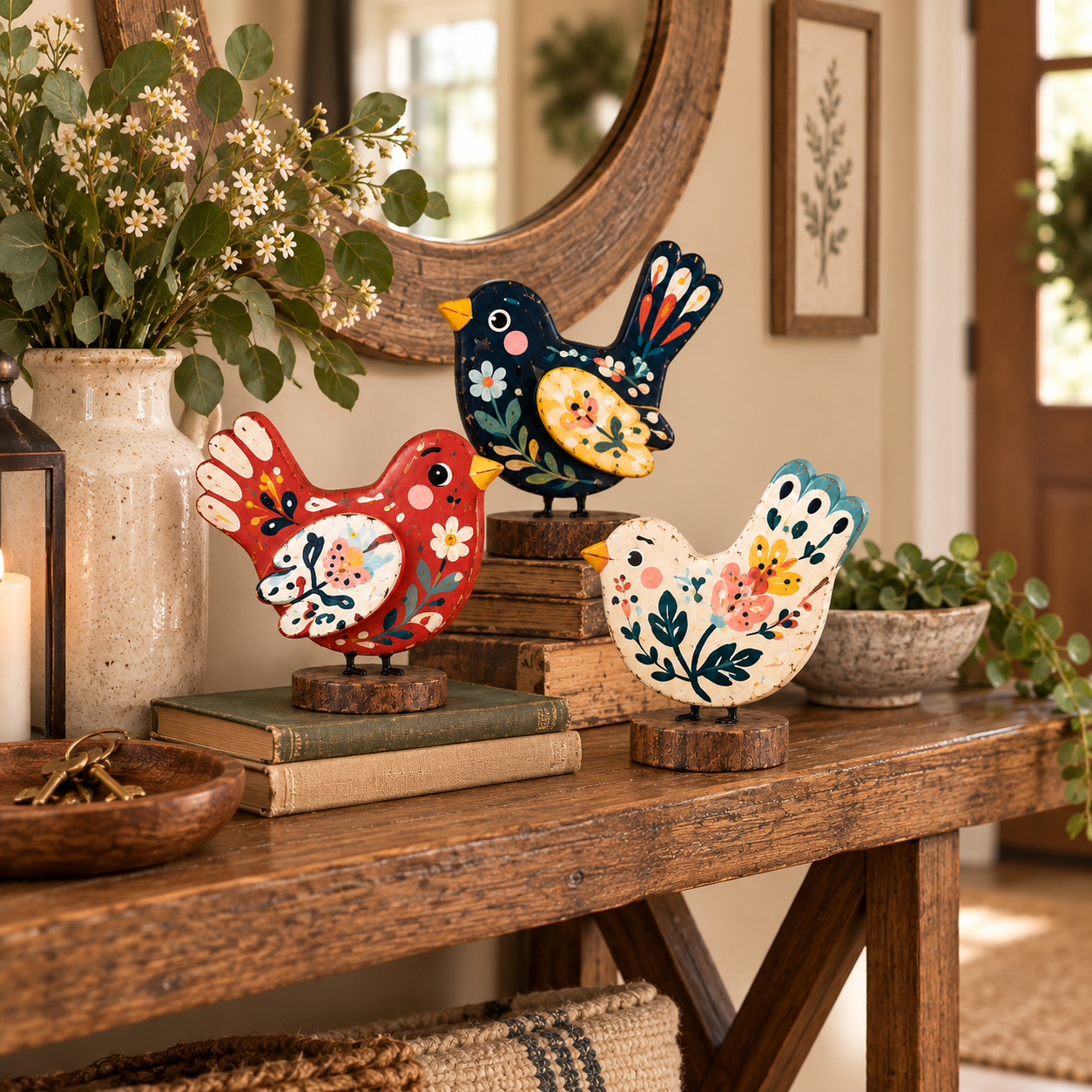 Hand-Painted Folk Art Bird Figurines – Set of 3