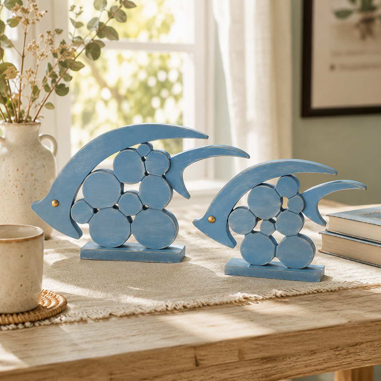 🐟 Coastal Pebble Fish Wooden Decor Set – 2 Pieces