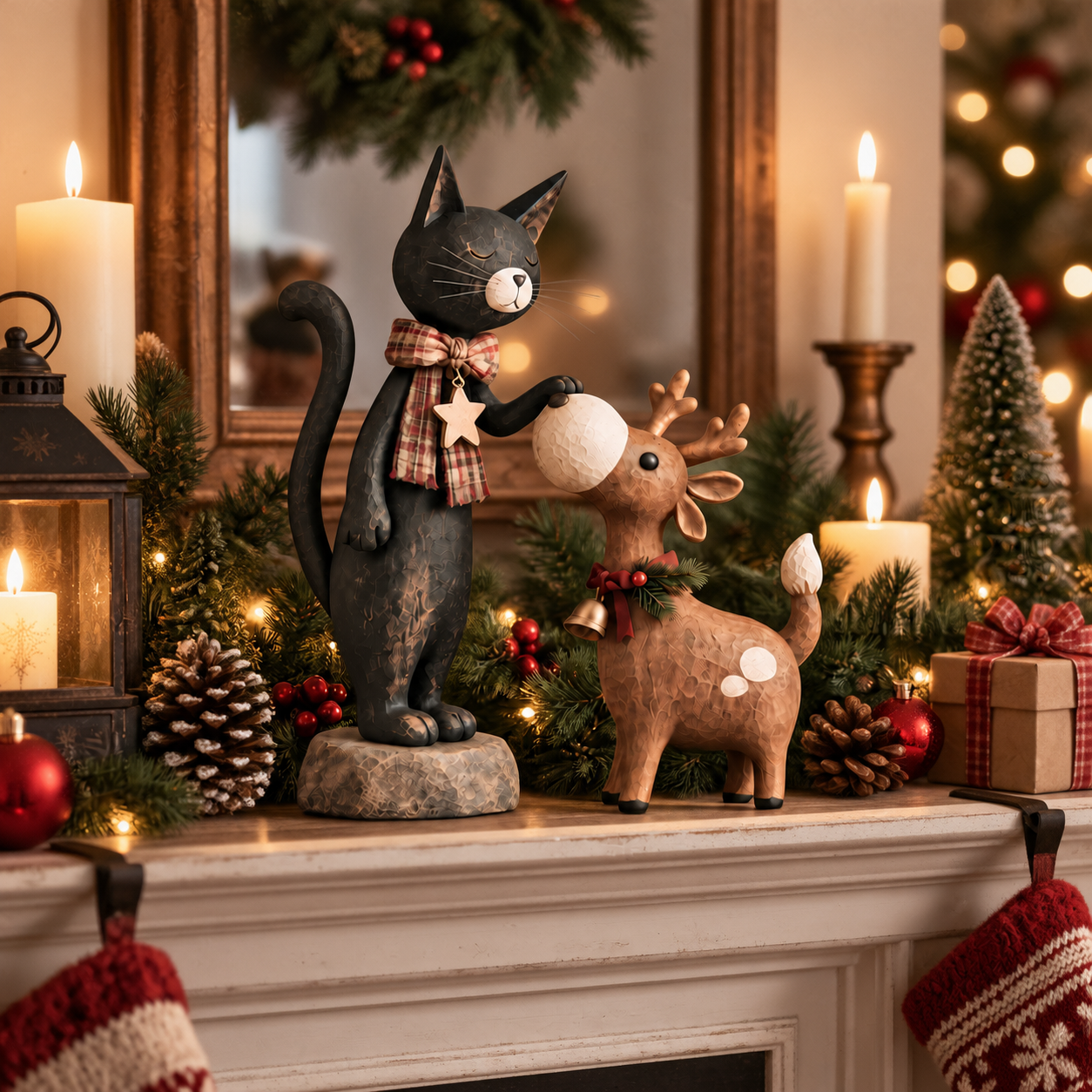 Whimsical Christmas Cat & Reindeer Figurine Set