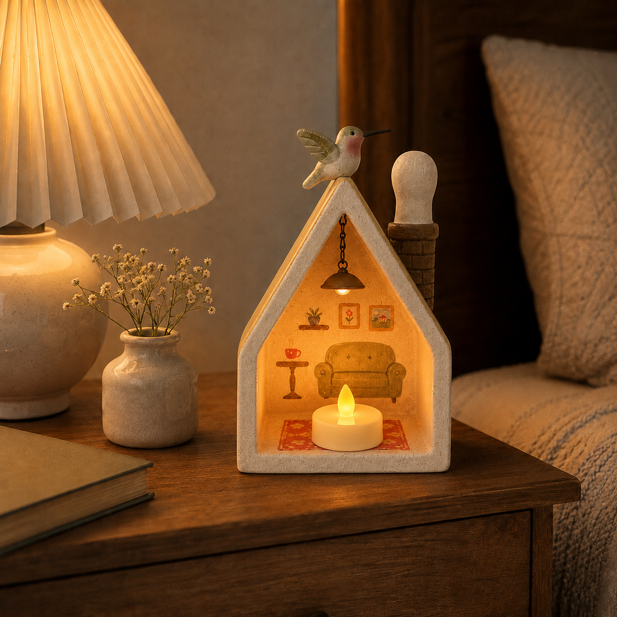 🐦 Whimsical Hummingbird Cottage Resin LED Tea Light Holder